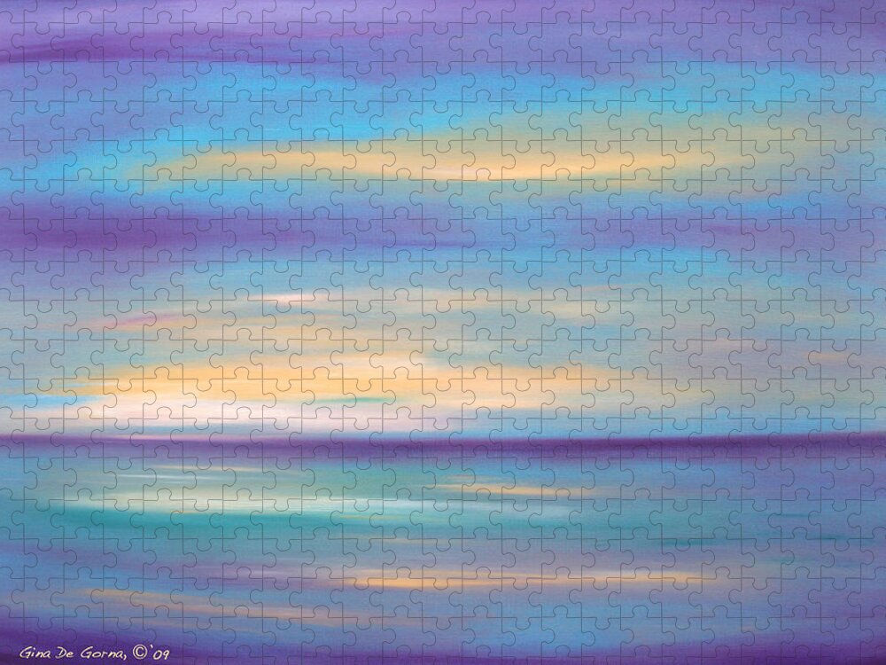 Oil Painting Sunsets Jigsaw Puzzle featuring the painting Abstract Sunset in Purple Blue and Yellow by Gina De Gorna