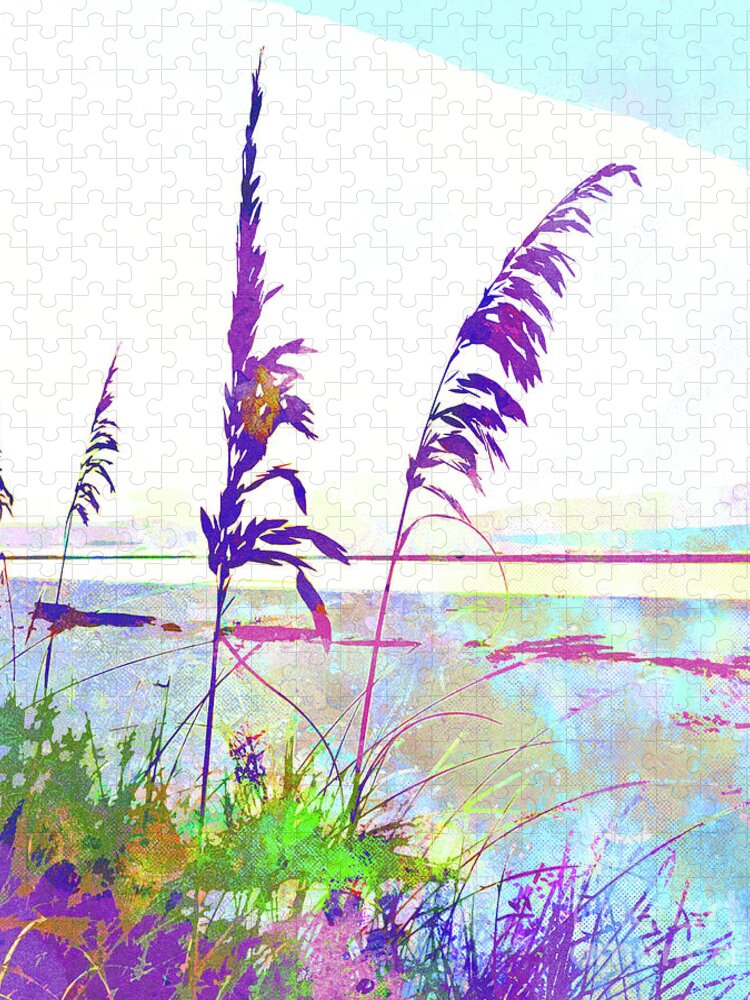 Sea Oats Jigsaw Puzzle featuring the mixed media Abstract Watercolor - Morning Sea Oats I by Chris Andruskiewicz