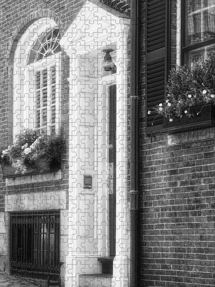 Acorn Street Jigsaw Puzzle featuring the photograph Acorn Street Door And Windows BW by Susan Candelario