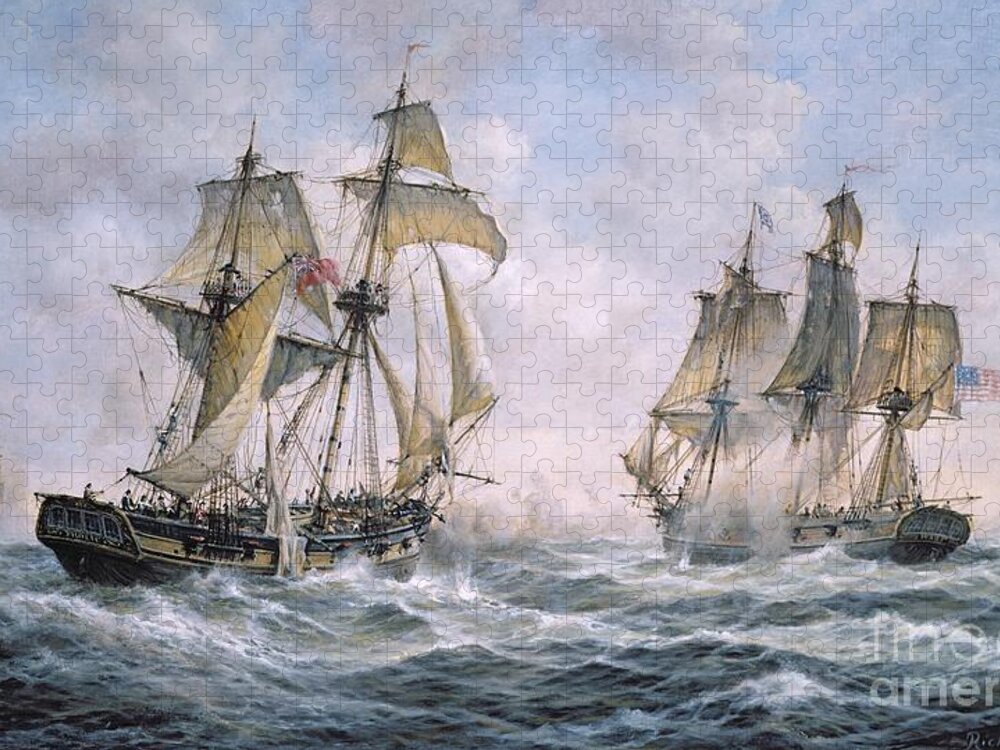 Seascape; Ships; Sail; Sailing; Ship; War; Battle; Battling; United States; Wasp; Brig Of War; Frolic; Sea; Water; Cloud; Clouds; Flag; Flags; Sloop; Action; Wave; Waves Jigsaw Puzzle featuring the painting Action Between U.S. Sloop-of-War 'Wasp' and H.M. Brig-of-War 'Frolic' by Richard Willis