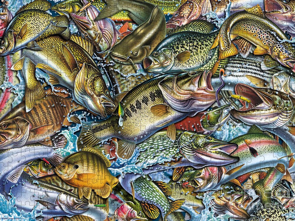 Jon Q Wright Jigsaw Puzzle featuring the painting Action Fish Collage by JQ Licensing