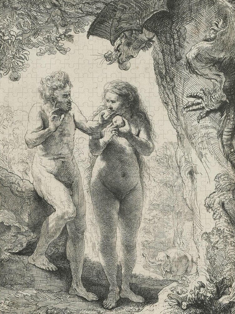 Rembrandt Jigsaw Puzzle featuring the relief Adam and Eve by Rembrandt