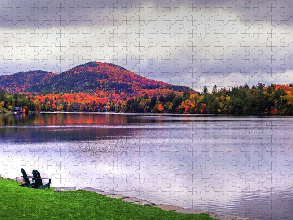 Mirror Jigsaw Puzzle featuring the photograph Adirondack Chairs in the Adirondacks. Mirror Lake Lake Placid NY New York Mountain by Toby McGuire