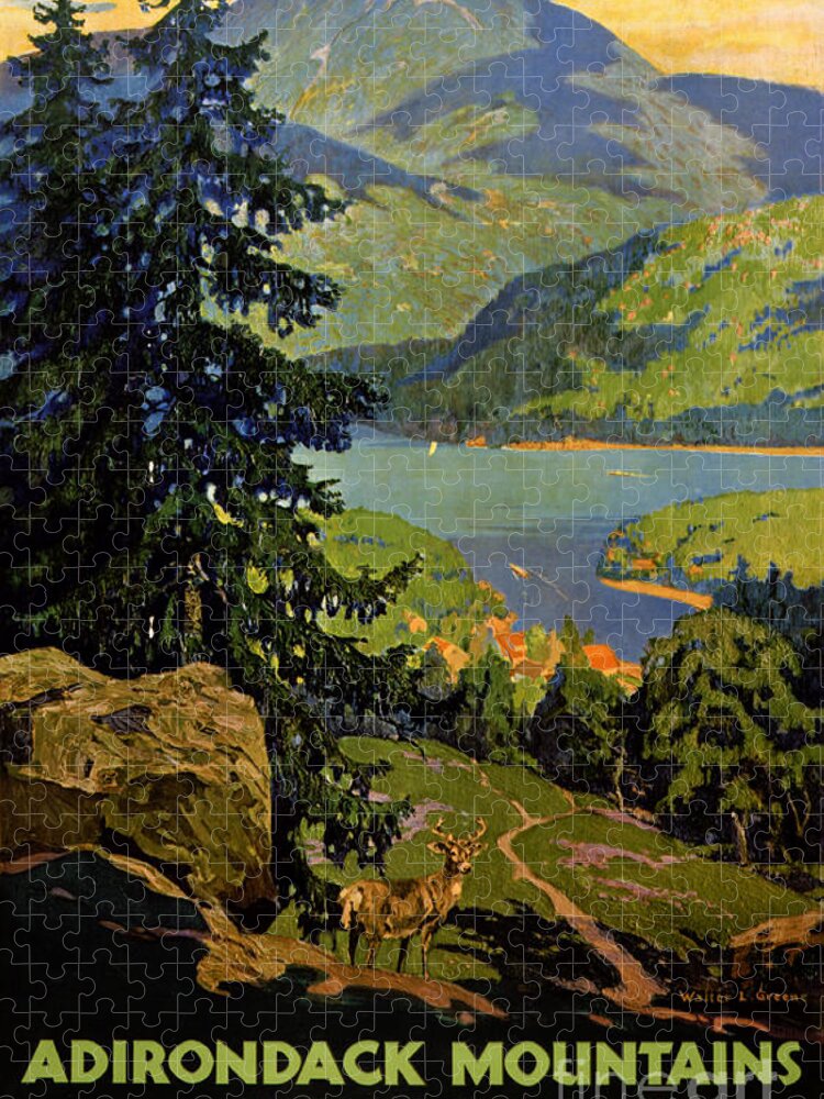 Lake Jigsaw Puzzle featuring the painting Adirondack Mountains Lake Placid Vintage Poster Restored by Vintage Treasure