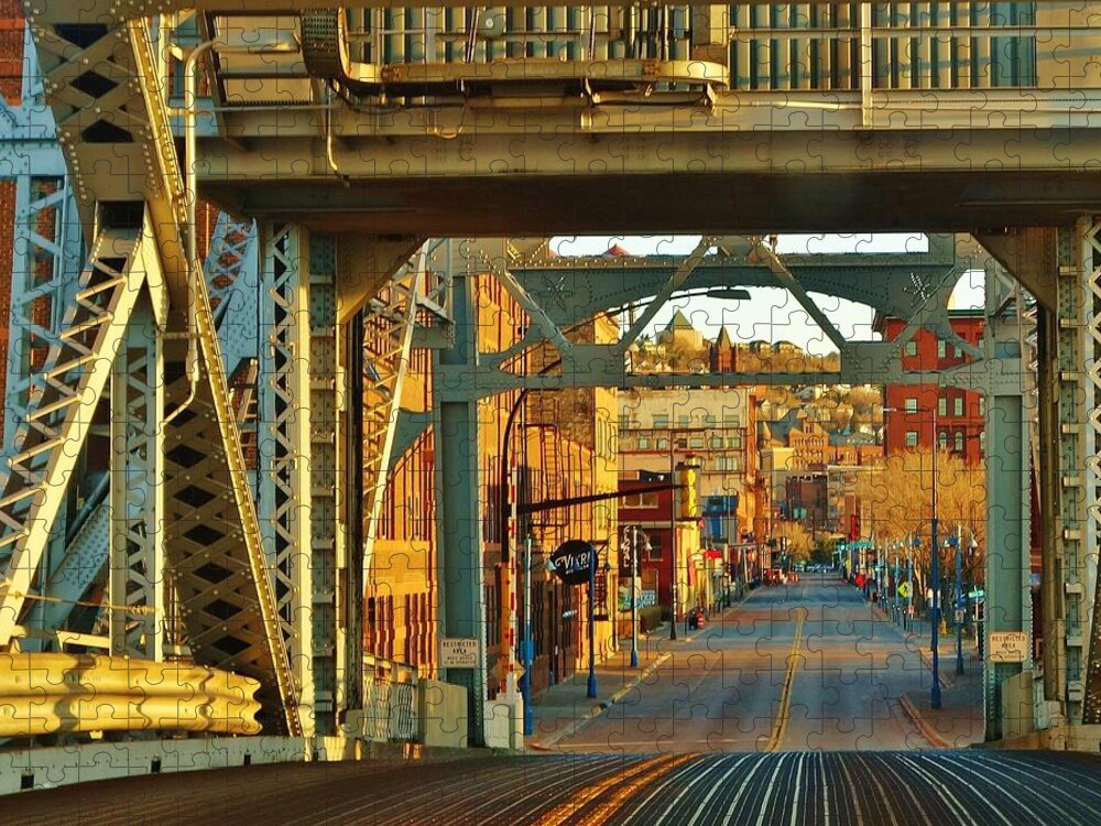 Duluth Jigsaw Puzzle featuring the photograph Aerial Lift Bridge-early-morning light by Jan Swart