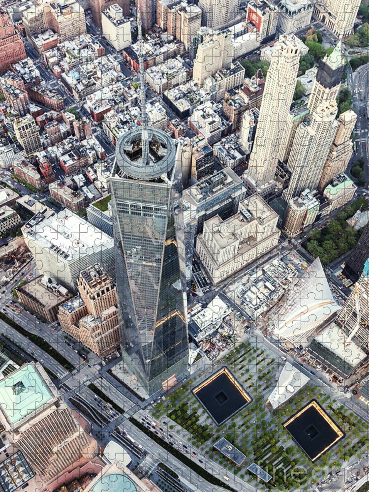 Freedom Tower Jigsaw Puzzle featuring the photograph Aerial of One World Trade Center and 9/11 memorial, New York, US by Matteo Colombo