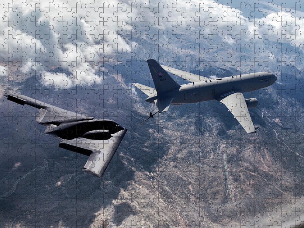 B-2 Stealth Bomber Jigsaw Puzzle featuring the mixed media Aerial Refueling the Stealth Bomber by Erik Simonsen