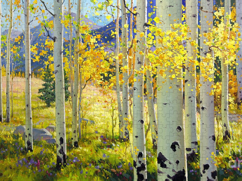 Aspen Oil Painting Birch Trees Gary Kim Oil Print Art Woods Fall Autumn Tree Panorama Sunset Beautiful Beauty Yellow Red Orange Fall Leaves Foliage Autumn Leaf Color Mountain Oil Painting Original Art Horizontal Landscape National Park America Morning Nature Wallpaper Outdoor Panoramic Peaceful Scenic Sky Sun Time Travel Vacation View Season Bright Autumn National Park Southwest Mountain Clouds Cloudy Landscape Afternoon Aspen Grove Natural Peak Painting Oil Original Vibrant Texture Reflections Jigsaw Puzzle featuring the painting Afternoon Aspen Grove by Gary Kim
