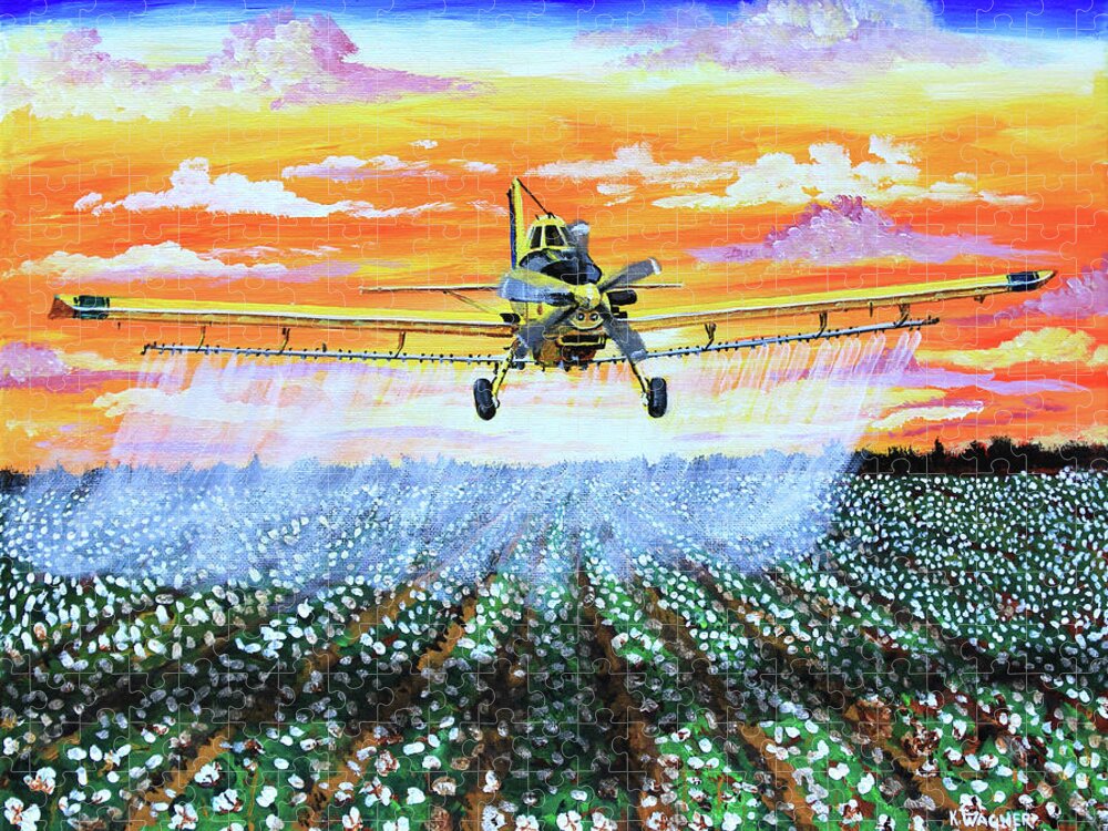 Air Tractor Jigsaw Puzzle featuring the painting Air Tractor at Sunset Over Cotton by Karl Wagner