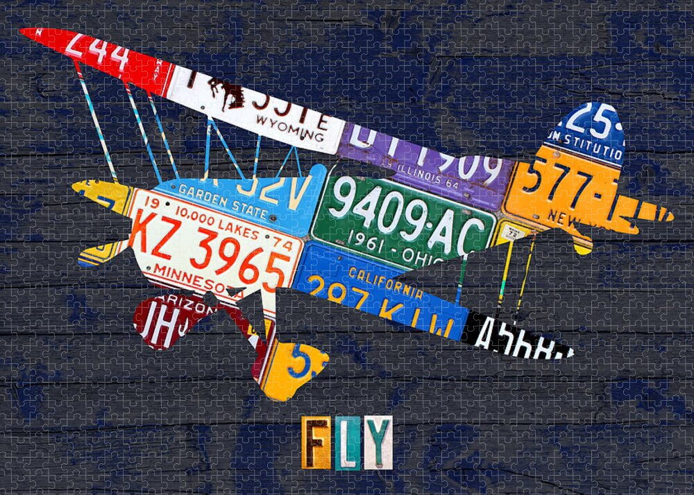 Airplane Vintage Biplane Silhouette Shape Recycled License Plate Art on  Blue Barn Wood Jigsaw Puzzle by Design Turnpike - Pixels Puzzles