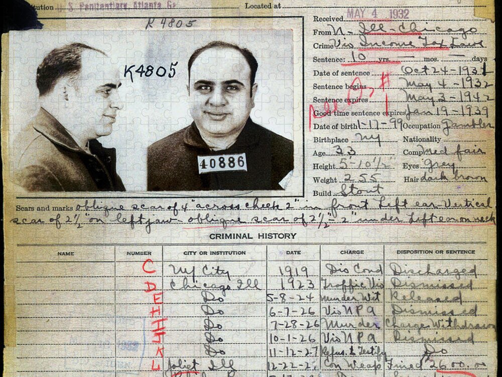 Al Capone Mugshot Jigsaw Puzzle featuring the photograph Al Capone Mugshot and Criminal History by Jon Neidert