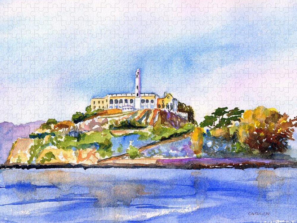 San Fancisco Jigsaw Puzzle featuring the painting Alcatraz Island San Francisco Bay by Carlin Blahnik CarlinArtWatercolor