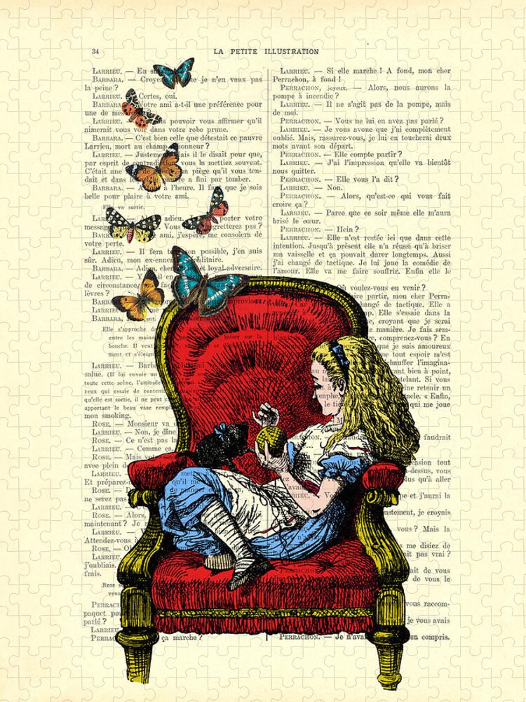 Alice Jigsaw Puzzle featuring the digital art Alice in Wonderland playing with cute cat and butterflies by Madame Memento