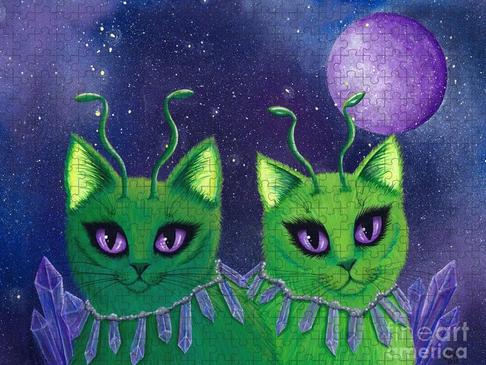 Alien Cats Jigsaw Puzzle featuring the painting Alien Cats by Carrie Hawks