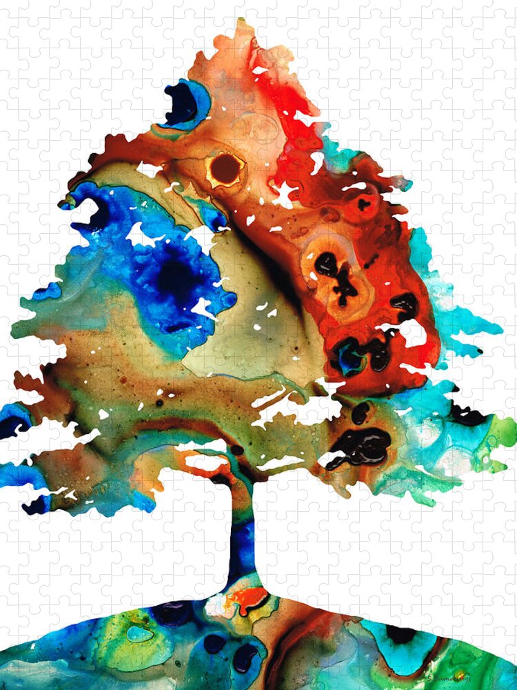 Tree Jigsaw Puzzle featuring the painting All Seasons Tree 3 - Colorful Landscape Print by Sharon Cummings