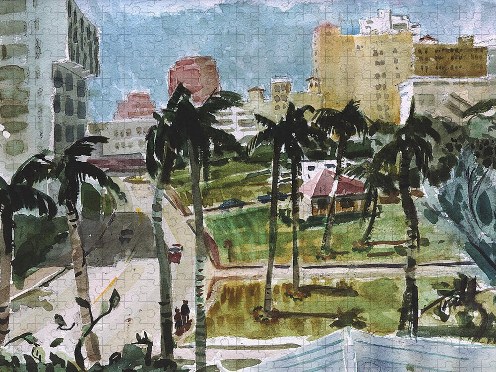 City Jigsaw Puzzle featuring the painting Along Flagler Drive by Thomas Tribby