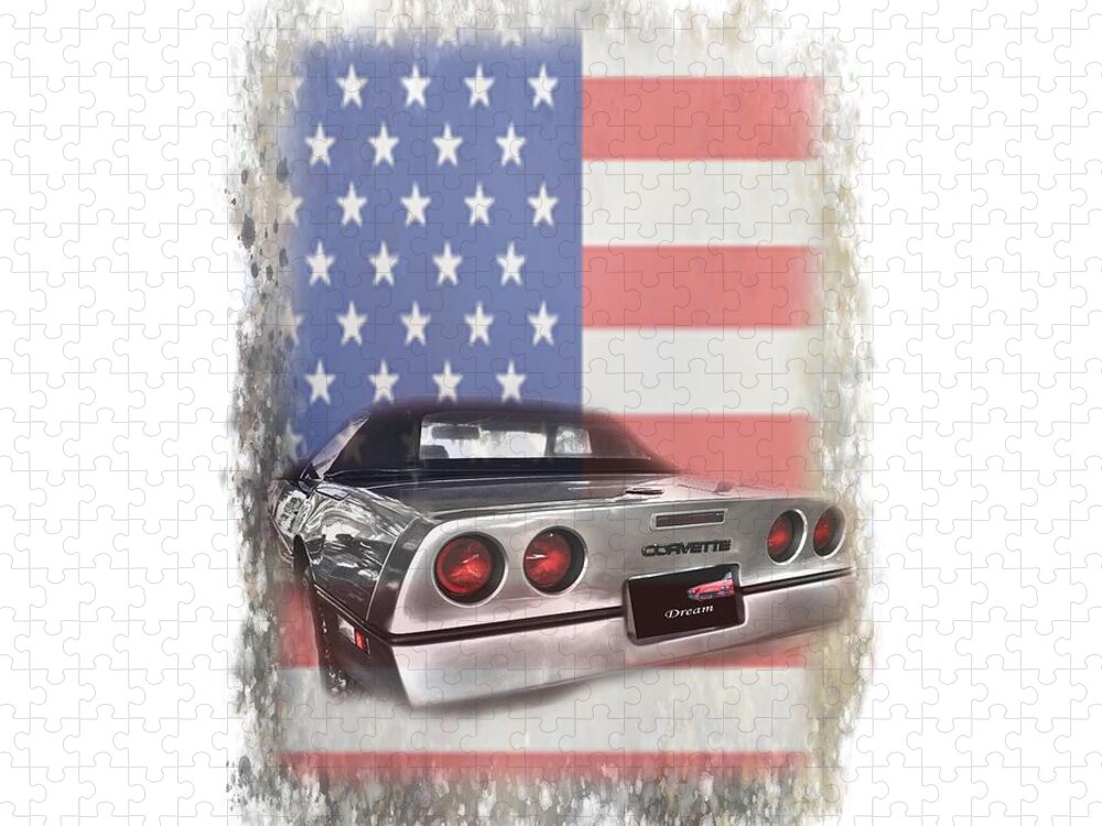 Vette; Car; Sports Car; Convertible; Convertible Car; Flag; Us Flag; American Flag; Stars And Stripe; Red White And Blue; Red; White; Blue; Gray; Black; American Sports Car Jigsaw Puzzle featuring the photograph American Dream Machine by Judy Hall-Folde