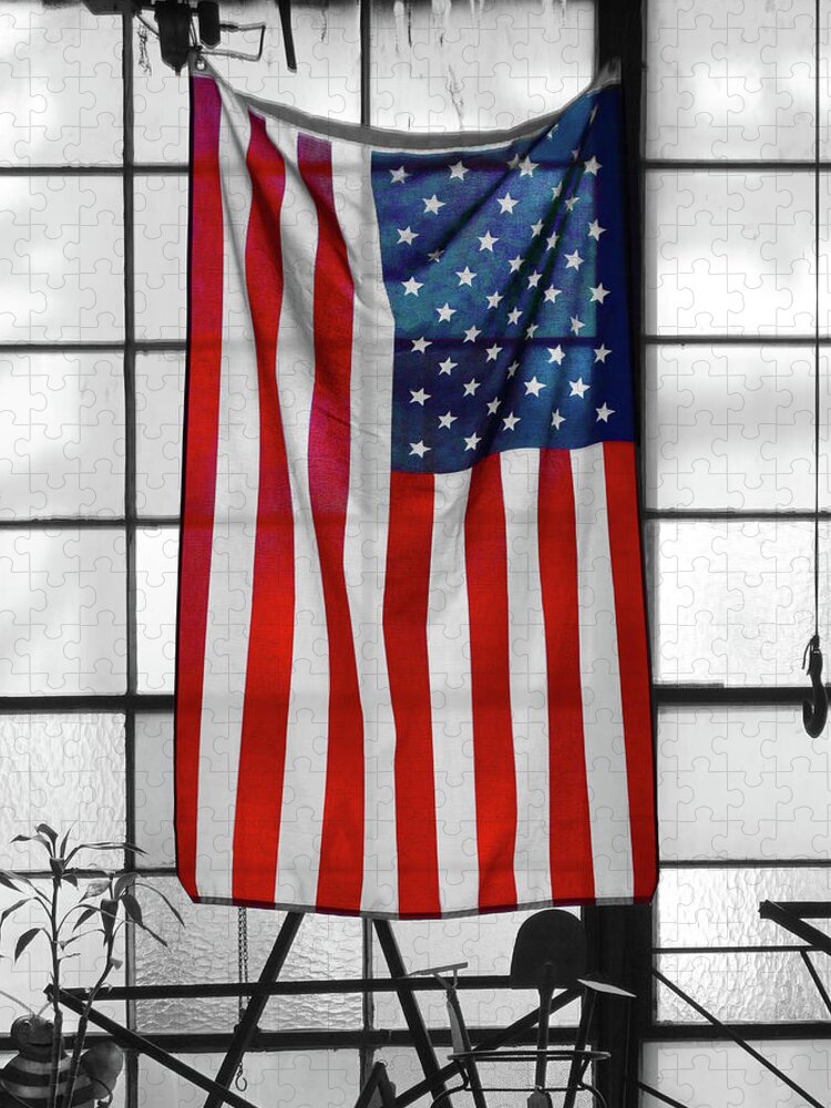 American Flag Jigsaw Puzzle featuring the photograph American Flag in the Window by Mike McGlothlen