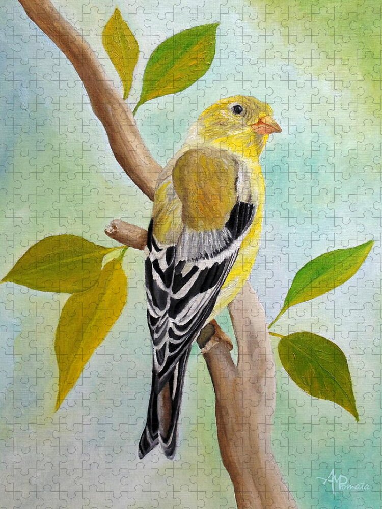 American Goldfinch Jigsaw Puzzle featuring the painting Pretty American Goldfinch by Angeles M Pomata