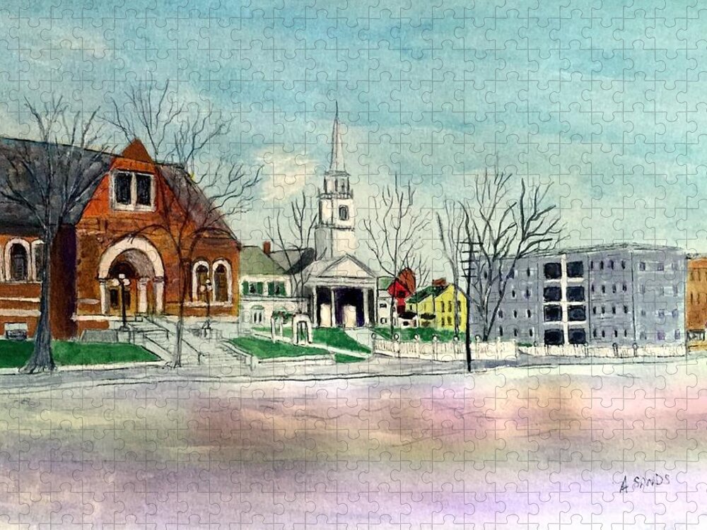 Amesbury Jigsaw Puzzle featuring the painting Amesbury Public Library circa 1920 by Anne Sands