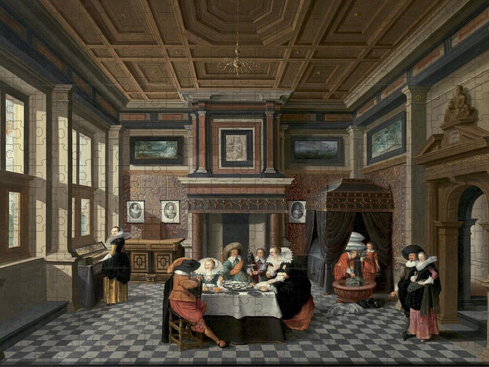 Dirck Van Delen Jigsaw Puzzle featuring the painting An Interior with Ladies and Gentlemen Dining by Dirck van Delen