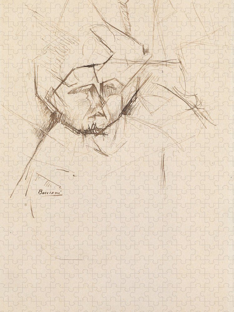 19th Century Art Jigsaw Puzzle featuring the drawing Analytical Study of a Woman's Head Against Buildings by Umberto Boccioni