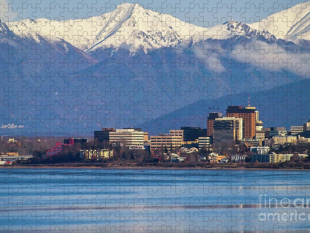 Alaska Jigsaw Puzzle featuring the photograph Anchorage Alaska Skyline with Cook Inlet by Kimberly Blom-Roemer