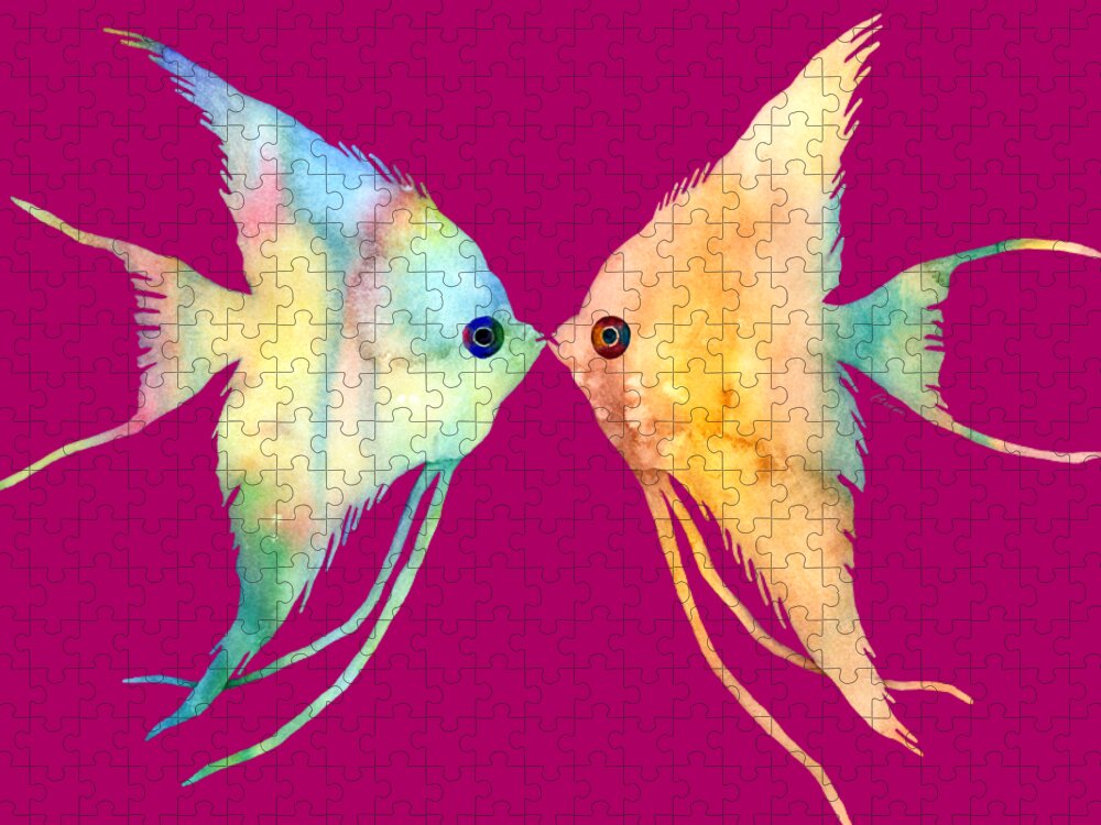 Fish Jigsaw Puzzle featuring the painting Angelfish Kissing by Hailey E Herrera