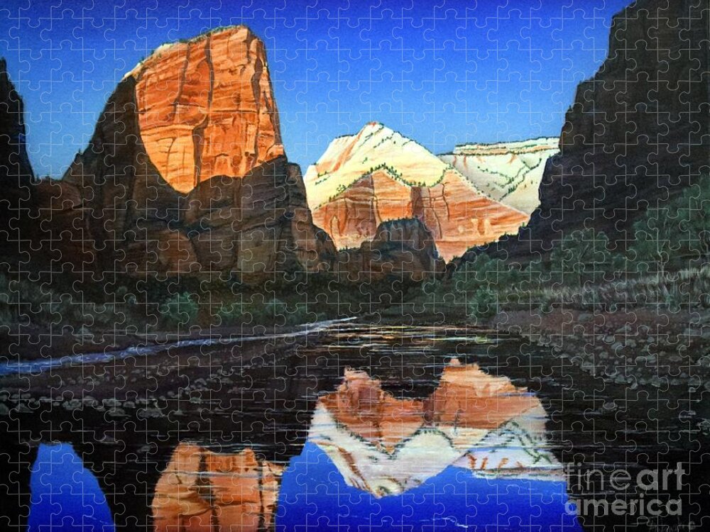Landscapes Jigsaw Puzzle featuring the painting Angels Landing ZION by Jerry Bokowski