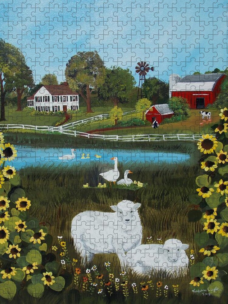 Sheep Jigsaw Puzzle featuring the painting Animal Farm by Virginia Coyle