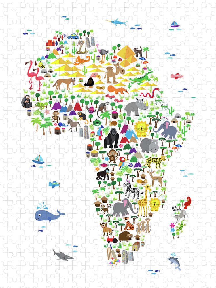 Map Of The Africa Jigsaw Puzzle featuring the digital art Animal Map of Africa for children and kids by Michael Tompsett
