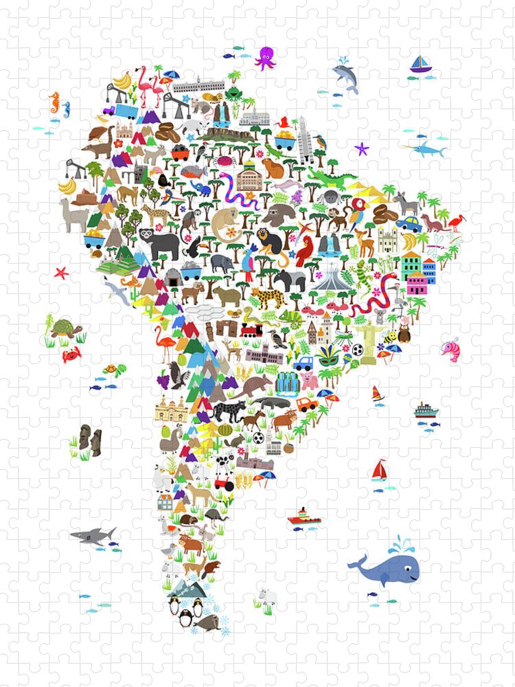 South America Map Jigsaw Puzzle featuring the digital art Animal Map of South America for children and kids by Michael Tompsett