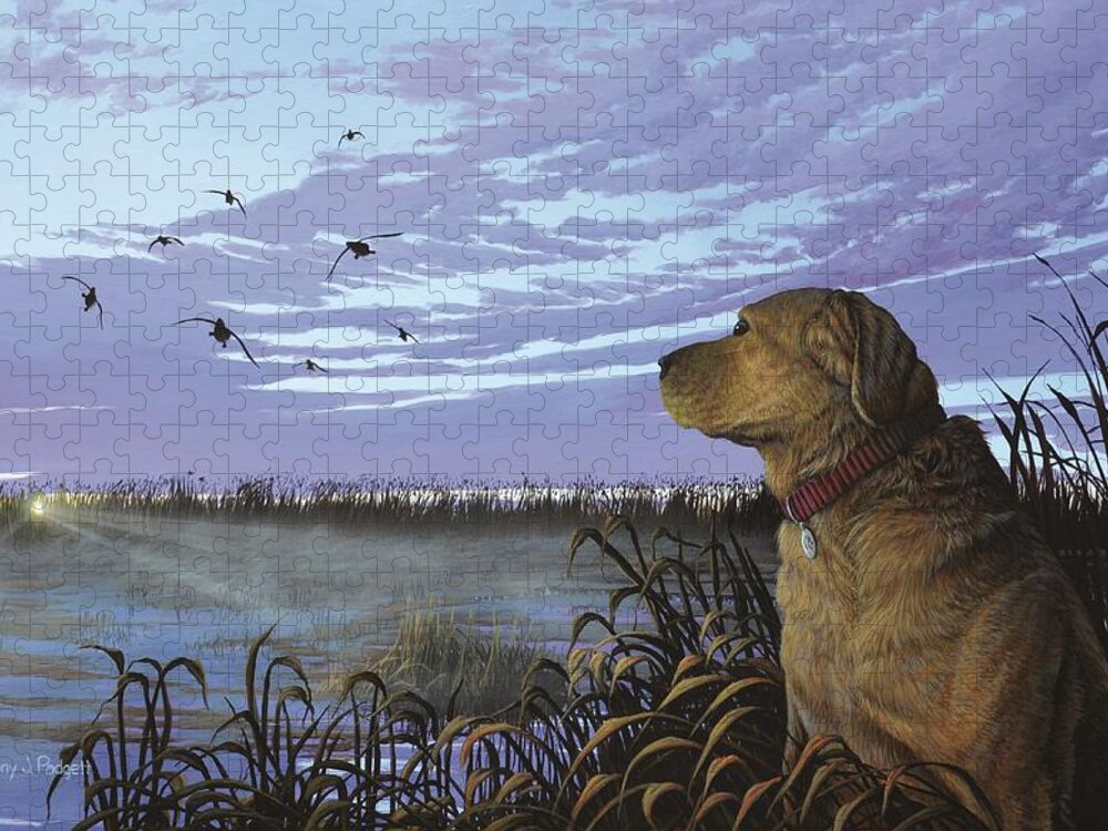 Yellow Lab Jigsaw Puzzle featuring the painting On Watch - Yellow Lab by Anthony J Padgett