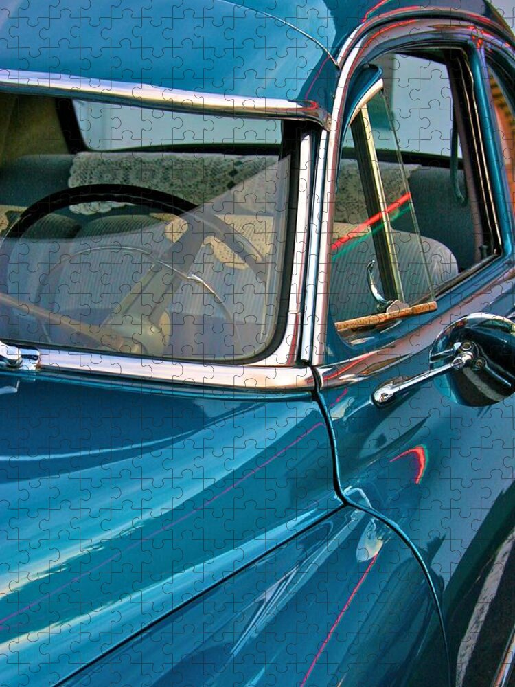 Cars Jigsaw Puzzle featuring the photograph Antique Car with Neon Reflections by Polly Castor