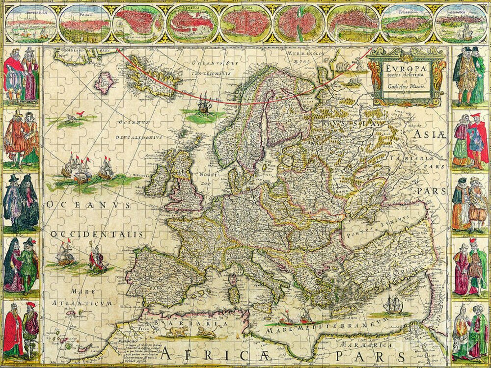 Antique Jigsaw Puzzle featuring the painting Antique Maps of the World Map of Europe Willem Blaeu c 1650 by Vintage Collectables