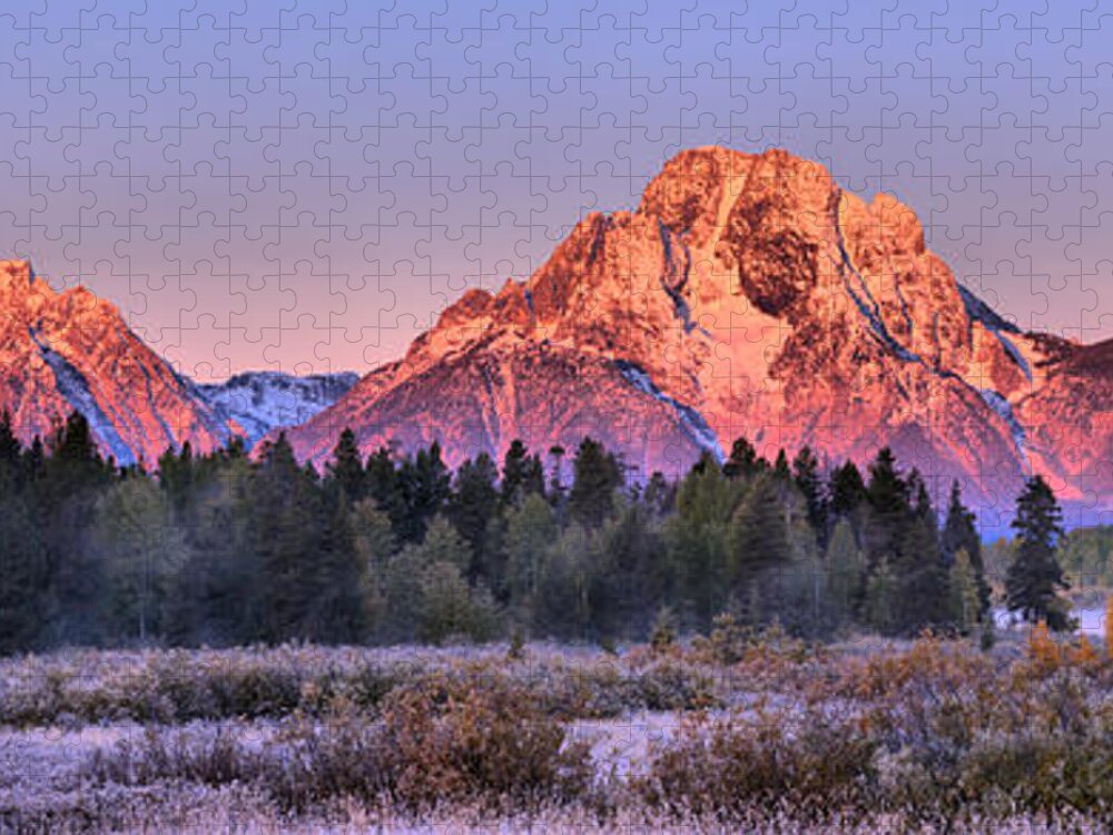 Grand Teton National Park Jigsaw Puzzle featuring the photograph Approaching Oxbow Bend Frosty Sunrise Panorama by Adam Jewell