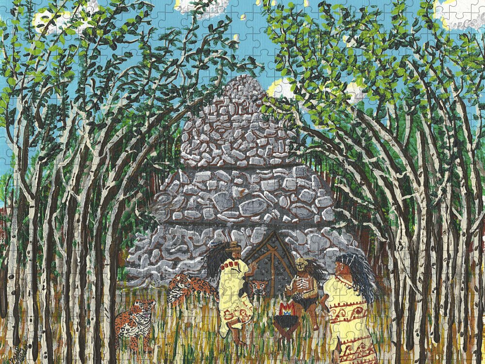 Aztec Jigsaw Puzzle featuring the painting April The Shaman Calls the Jaguars by Paul Fields