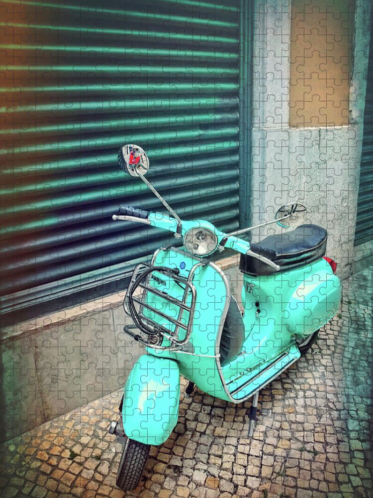 Vespa Jigsaw Puzzle featuring the photograph Aqua Vespa Scooter in Lisbon Portugal by Carol Japp
