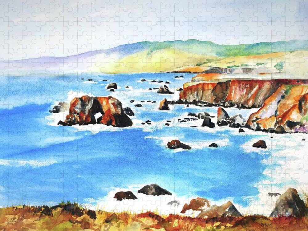 Ocean Jigsaw Puzzle featuring the painting Arched Rock Sonoma Coast California by Carlin Blahnik CarlinArtWatercolor