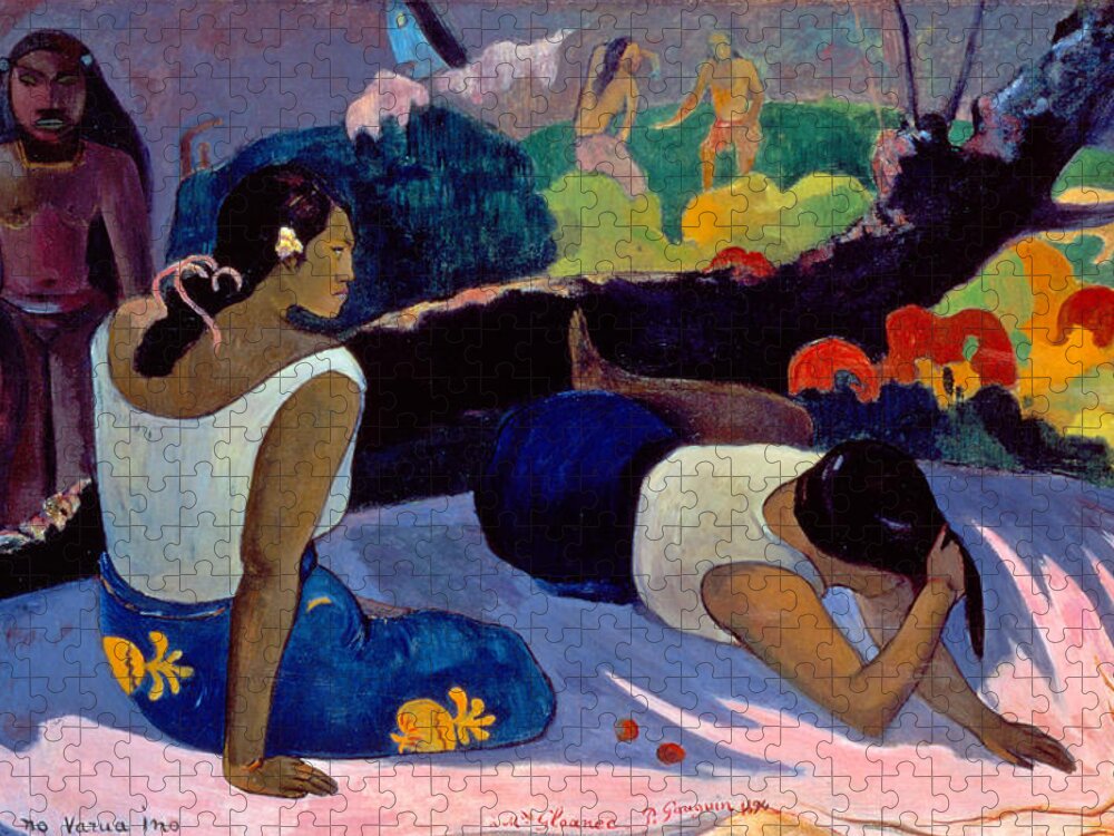 Paul Gauguin Jigsaw Puzzle featuring the painting Arearea No Varua Ino. Reclining Tahitian Women by Paul Gauguin
