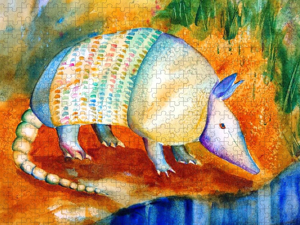 Armadillo Jigsaw Puzzle featuring the painting Armadillo Reflections by Carlin Blahnik CarlinArtWatercolor