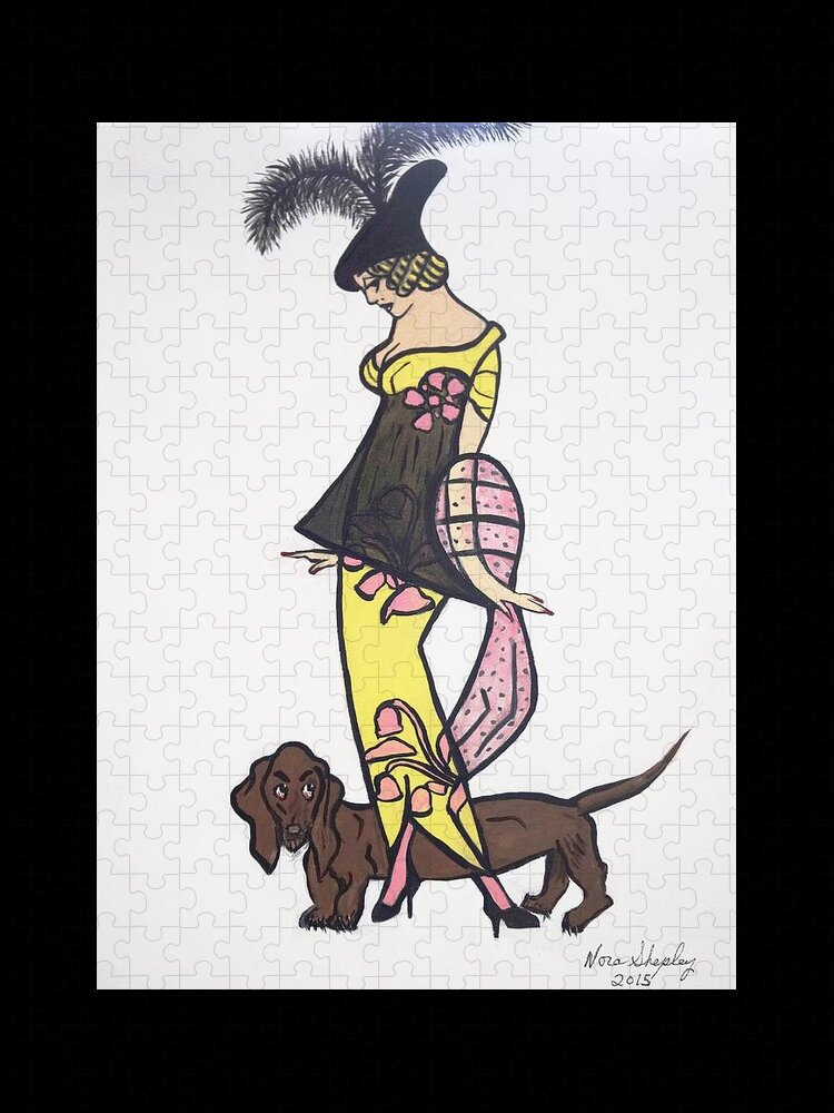 Female With Dog Jigsaw Puzzle featuring the painting Art Deco 1920's Girls And Dogs by Nora Shepley