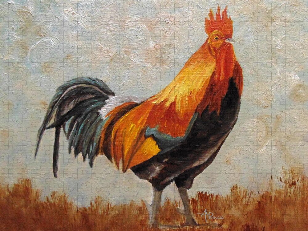 Red Male Junglefowl Jigsaw Puzzle featuring the painting Red Rooster by Angeles M Pomata
