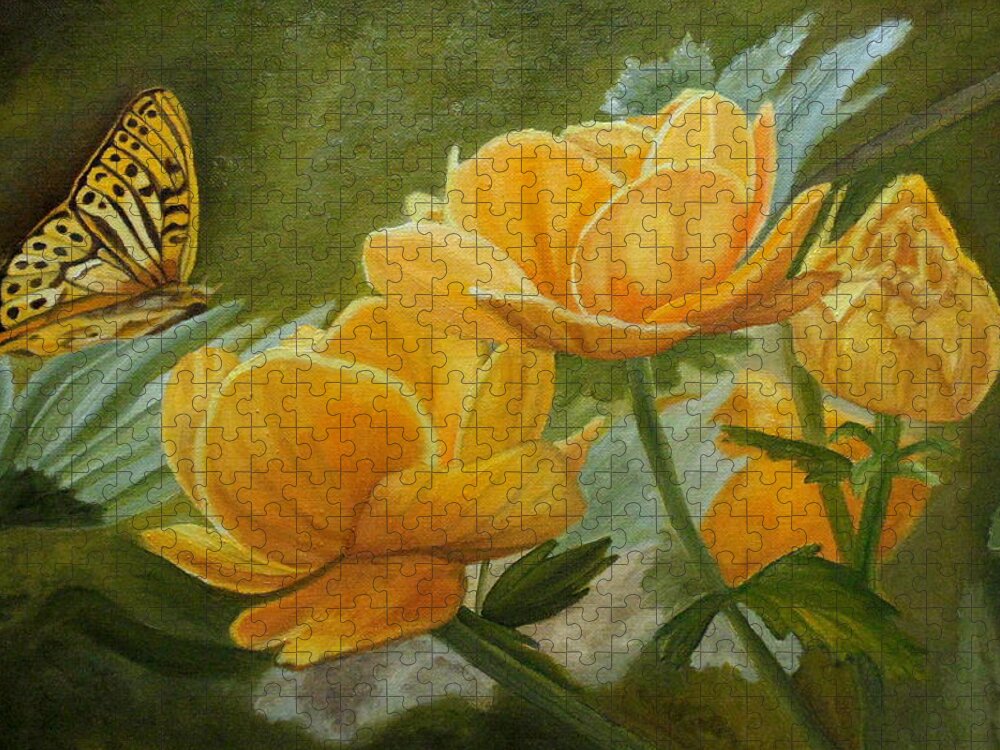 Butterfly Jigsaw Puzzle featuring the painting Butterfly Among Yellow Flowers by Angeles M Pomata