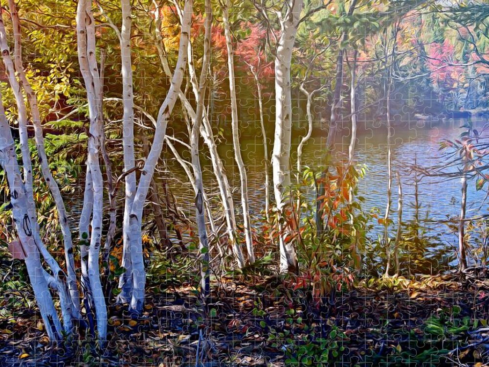 Trees Jigsaw Puzzle featuring the mixed media Aspen trees in the fall by Tatiana Travelways