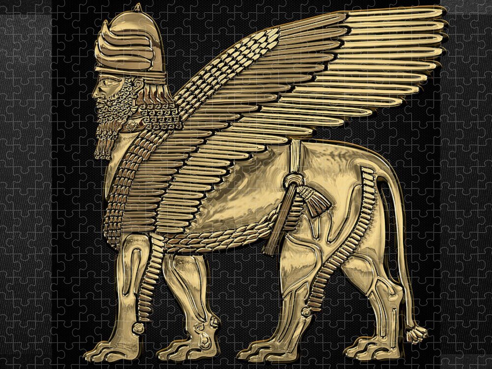 ‘treasures Of Mesopotamia’ Collection By Serge Averbukh Jigsaw Puzzle featuring the digital art Assyrian Winged Lion - Gold Lamassu over Black Canvas by Serge Averbukh