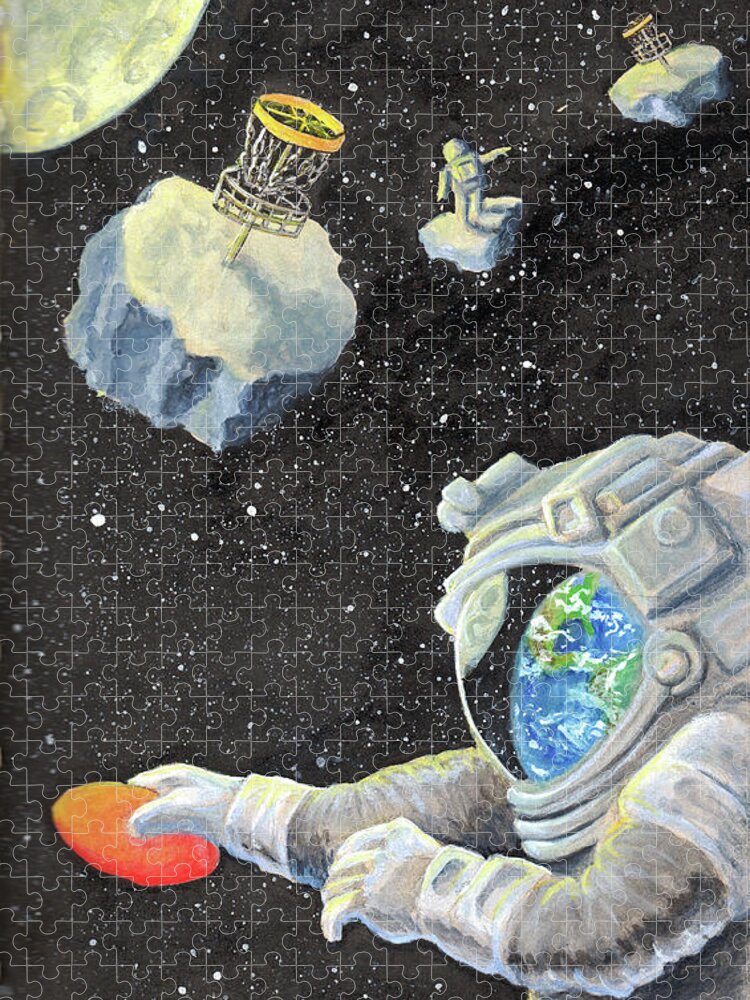 Astronaut Jigsaw Puzzle featuring the painting Astronaut Disc Golf by Adam Johnson