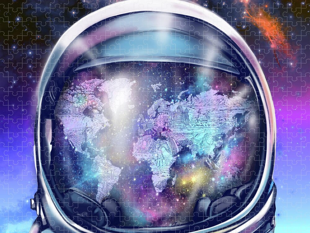 Space Jigsaw Puzzle featuring the painting Astronaut World Map 9 by Bekim M