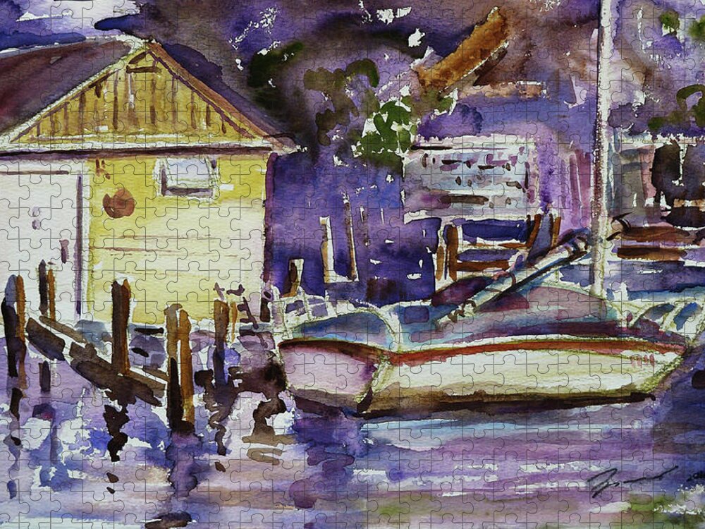 Boathouse Jigsaw Puzzle featuring the painting At Boat House 3 by Xueling Zou