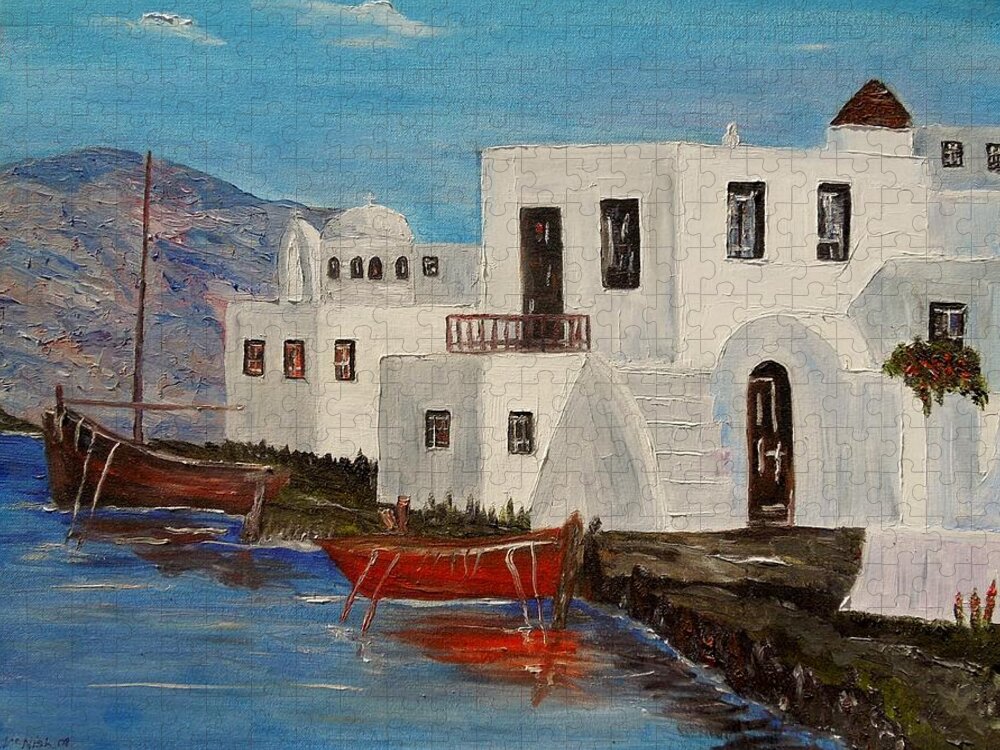 Boat Jigsaw Puzzle featuring the painting At home in Greece by Marilyn McNish